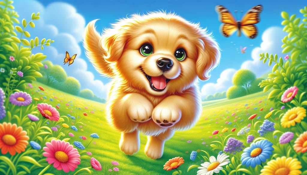 A cute miniature golden retriever puppy playing in a grassy field