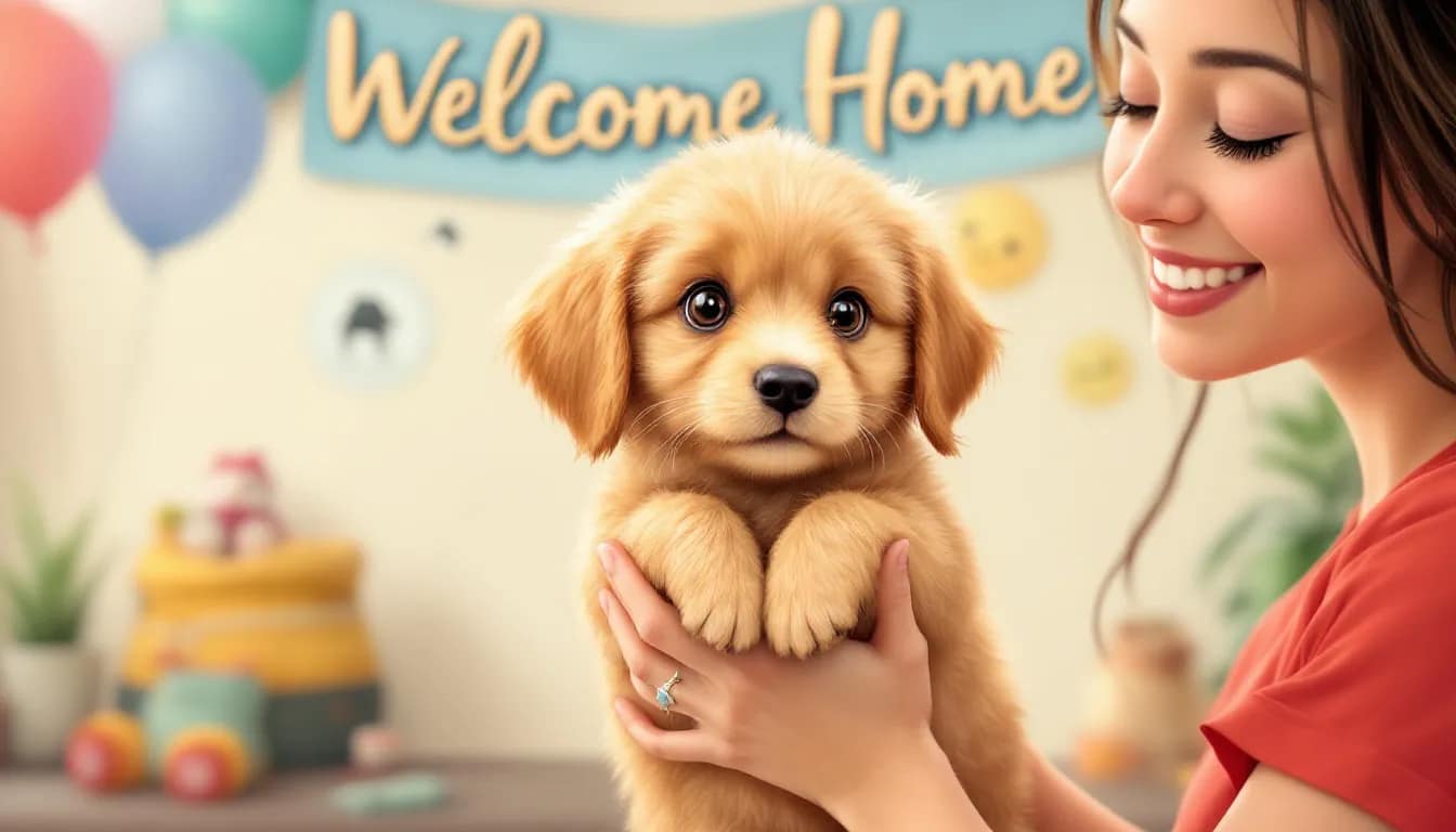 A mini golden retriever puppy being adopted at a shelter.