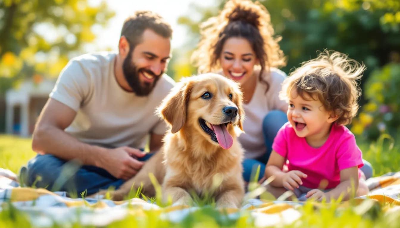 A happy family enjoying time with their mini golden retriever in the backyard.