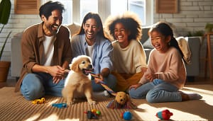 A happy family interacting with a mini golden retriever puppy