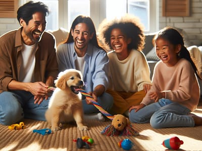 A happy family interacting with a mini golden retriever puppy